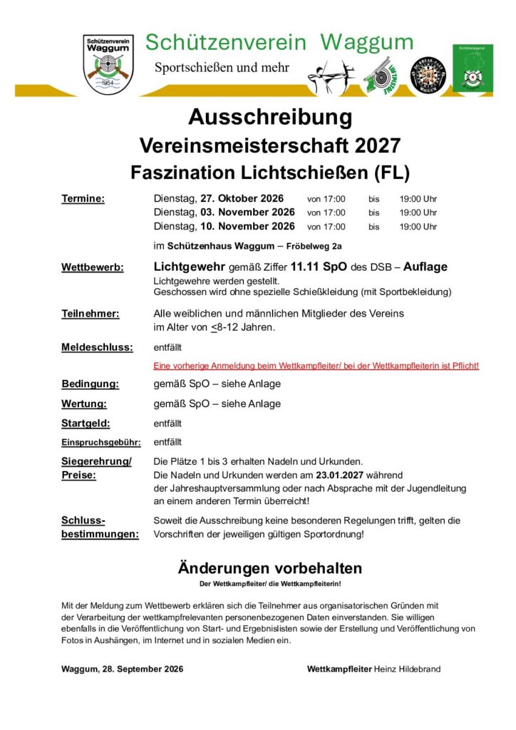 Vorschau: Vereinsmeisterschaft 2027 – Faszination Lichtschießen (FL)
