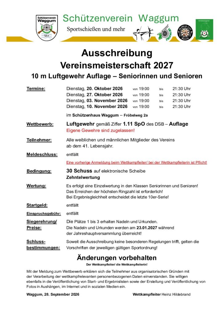 Vorschau: Vereinsmeisterschaft 2027 – 10 m Luftgewehr Auflage – Seniorinnen und Senioren
