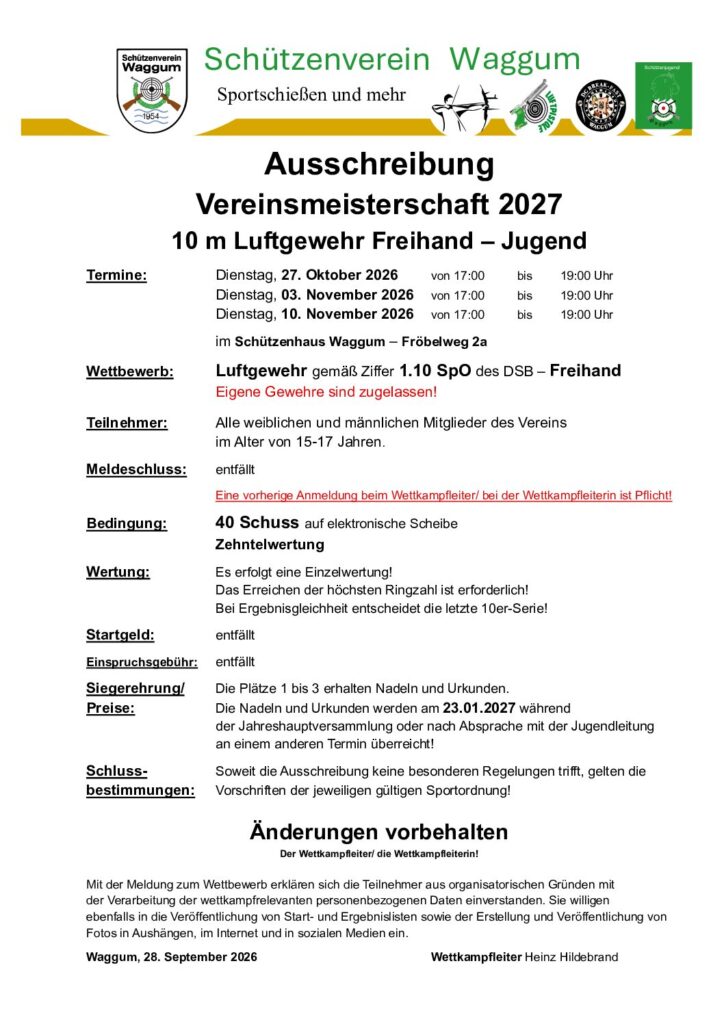 Vorschau: Vereinsmeisterschaft 2027 – 10 m Luftgewehr Freihand – Jugend