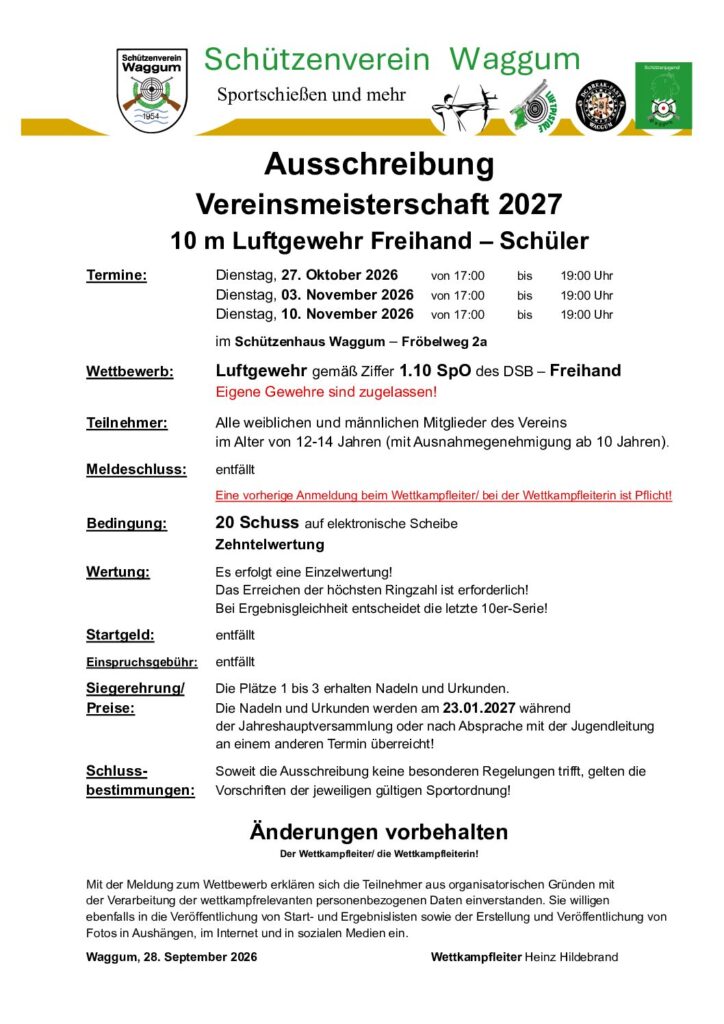 Vorschau: Vereinsmeisterschaft 2027 – 10 m Luftgewehr Freihand – Schüler