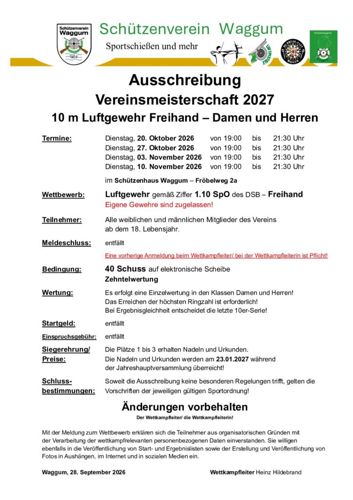 Vorschau: Vereinsmeisterschaft 2027 – 10 m Luftgewehr Freihand – Damen und Herren
