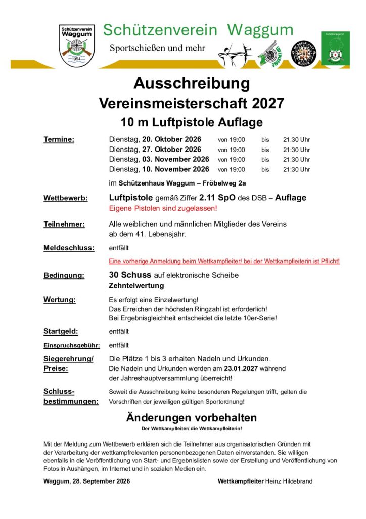 Vorschau: Vereinsmeisterschaft 2027 – 10 m Luftpistole Auflage