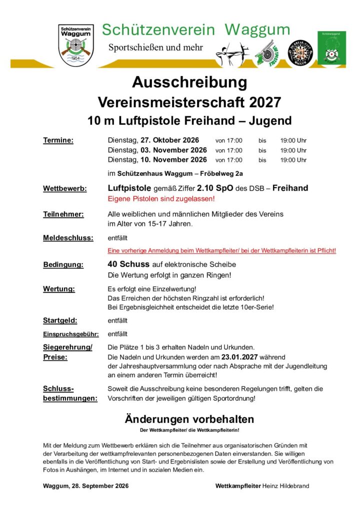 Vorschau: Vereinsmeisterschaft 2027 – 10 m Luftpistole Freihand – Jugend