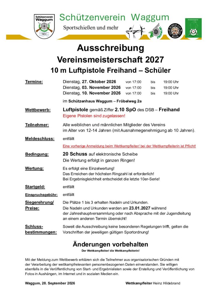 Vorschau: Vereinsmeisterschaft 2027 – 10 m Luftpistole Freihand – Schüler