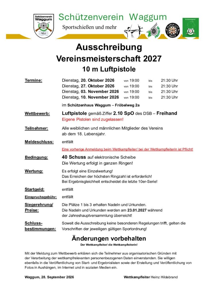 Vorschau: Vereinsmeisterschaft 2027 – 10 m Luftpistole