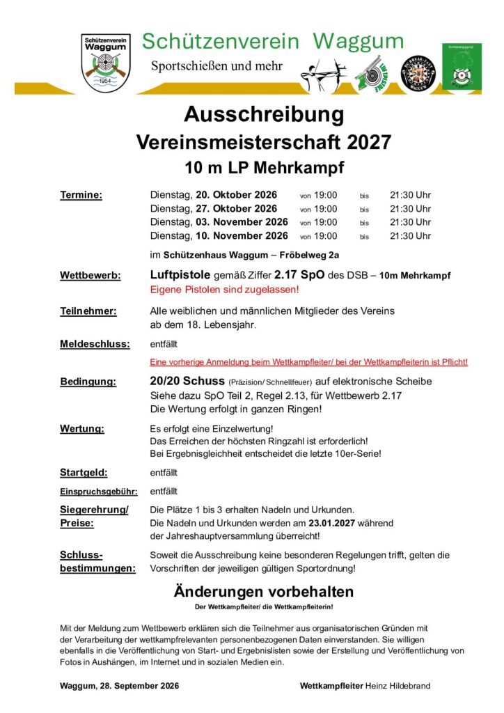 Vorschau: Vereinsmeisterschaft 2027 – 10 m LP Mehrkampf