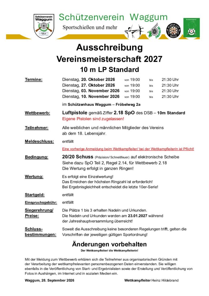 Vorschau: Vereinsmeisterschaft 2027 – 10 m LP Standard